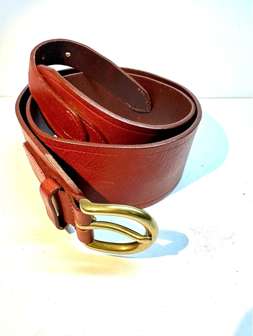 Vintage J. Crew Red-Brown Genuine Leather Waist Belt Solid Brass Buckle Size L - Picture 5 of 6